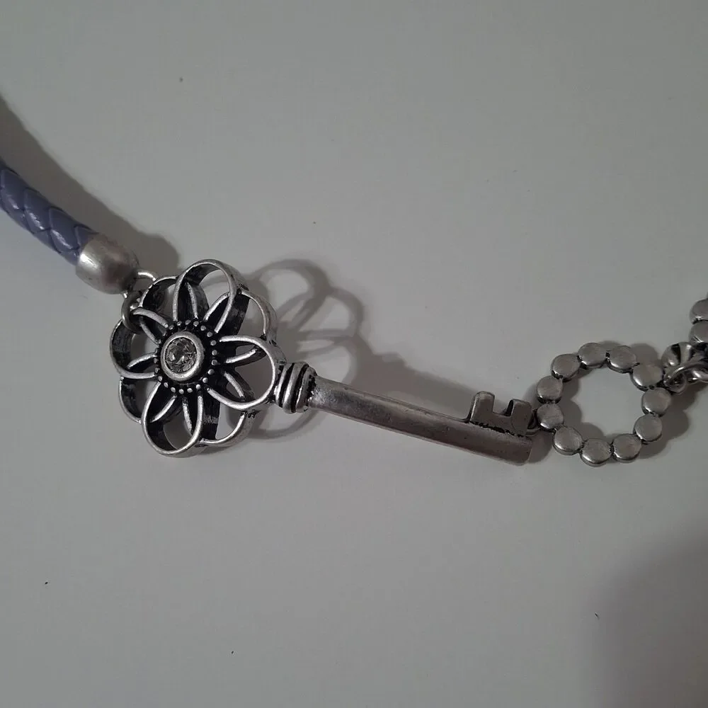 Premier Design Gray Blue Cord Silver Tone Flower Key Dangle Rhinestone Necklace